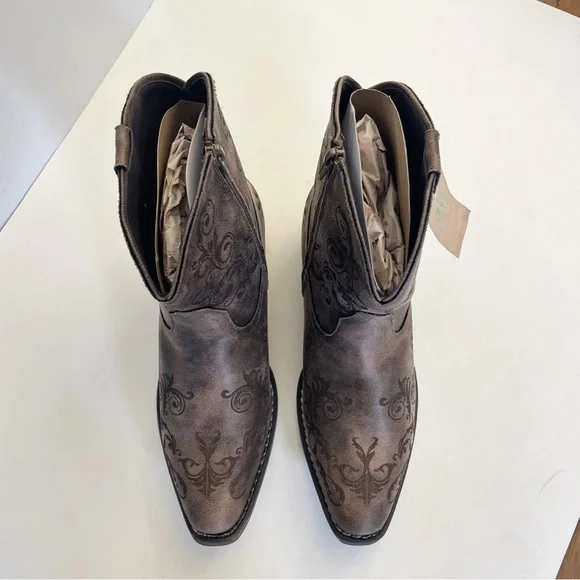 ROPERS Women’s Shorty Boot Vintage Brown Faux Leather Laser Western Design - Picture 3 of 13